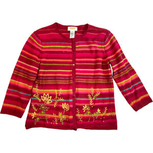 Talbots Petites Womens Button Up Sweater Sz S Pink Stripe Floral Embroidered VTG